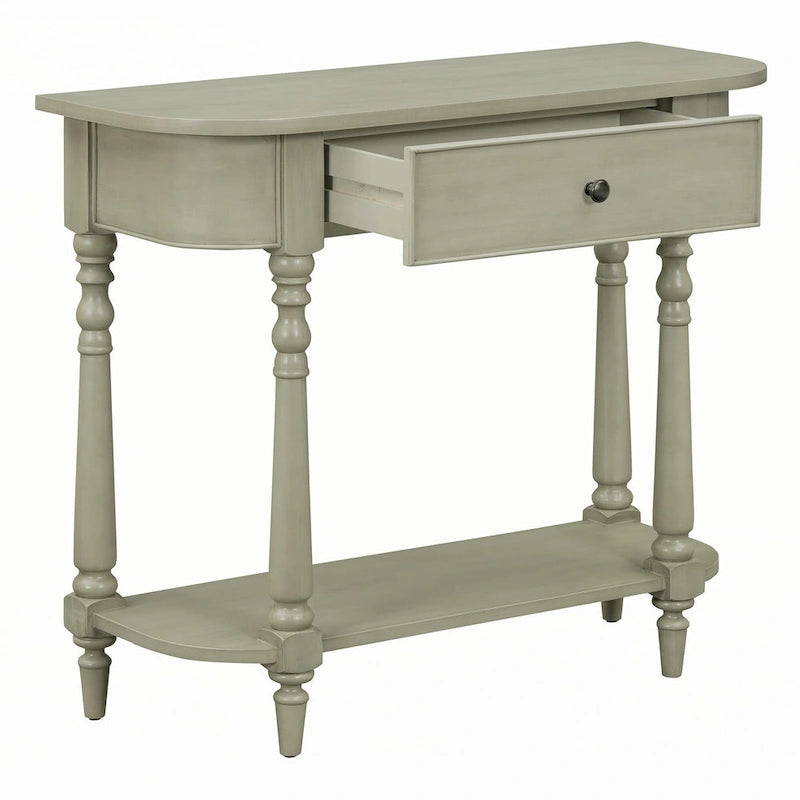 Console étroite, pieds fuseau, 1 tiroir, étagère ouverte, coins arrondis, gris, 1 unité