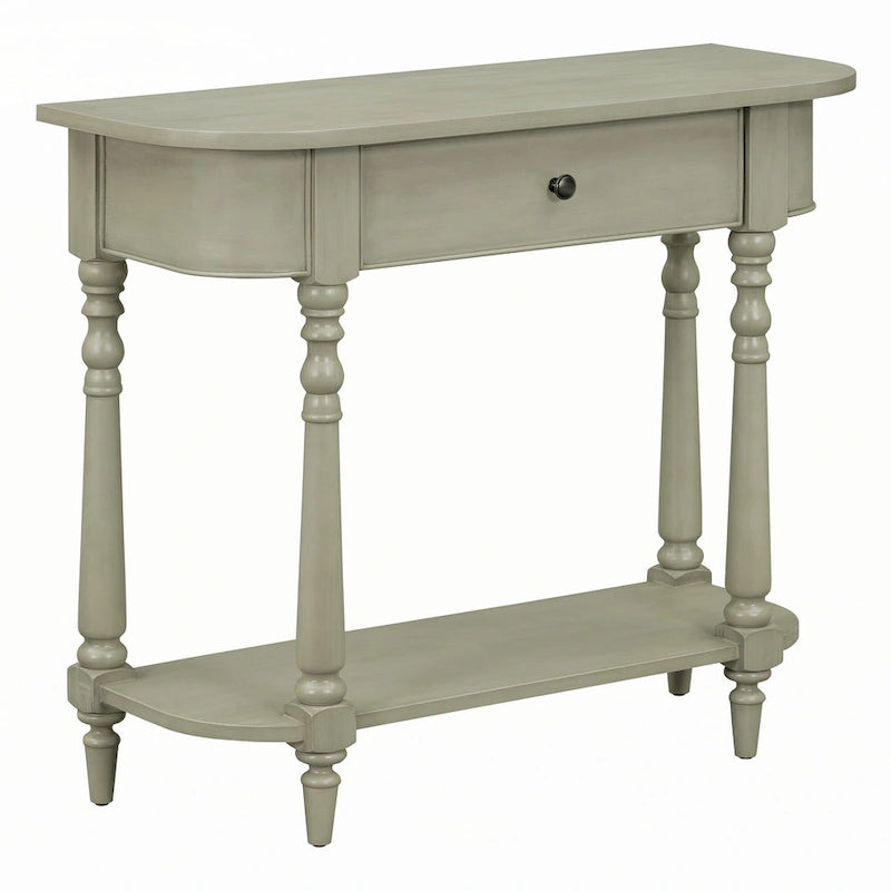 Console étroite, pieds fuseau, 1 tiroir, étagère ouverte, coins arrondis, gris, 1 unité