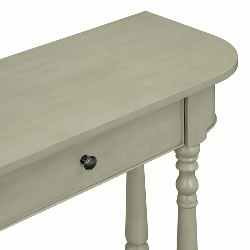 Console étroite, pieds fuseau, 1 tiroir, étagère ouverte, coins arrondis, gris, 1 unité