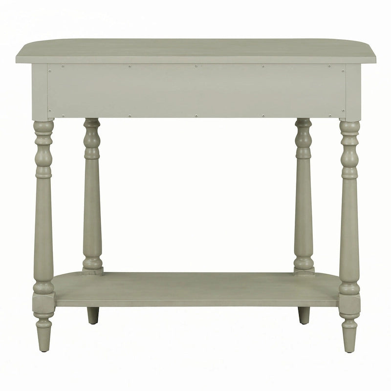 Console étroite, pieds fuseau, 1 tiroir, étagère ouverte, coins arrondis, gris, 1 unité