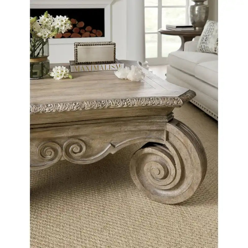 Table basse carrée de 50 pouces, style européen ancien, détails sculptés, brun ardoise antique, 1 unité