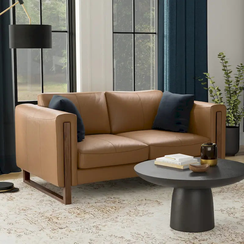 Causeuse en cuir 63 pouces, cuir semi-aniline, cadre en bois massif, style moderne, brun noix de pécan / gris fumée clair, 2 personnes