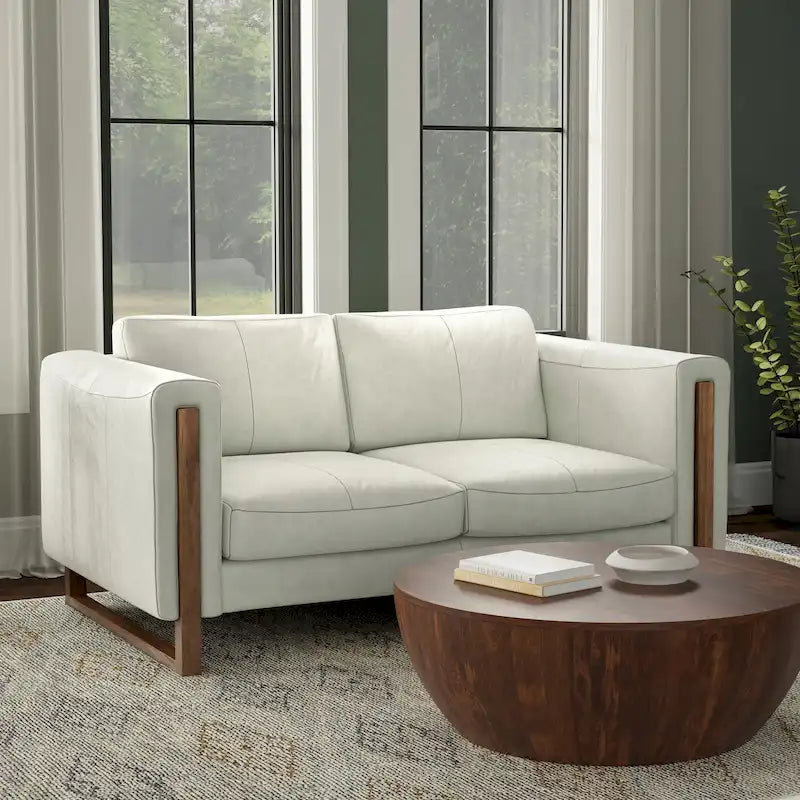 Causeuse en cuir 63 pouces, cuir semi-aniline, cadre en bois massif, style moderne, brun noix de pécan / gris fumée clair, 2 personnes