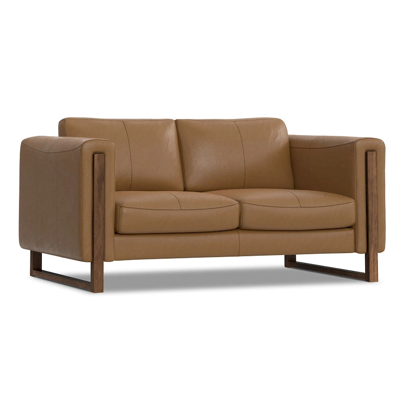 Causeuse en cuir 63 pouces, cuir semi-aniline, cadre en bois massif, style moderne, brun noix de pécan / gris fumée clair, 2 personnes