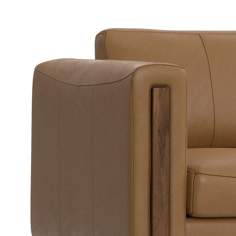 Causeuse en cuir 63 pouces, cuir semi-aniline, cadre en bois massif, style moderne, brun noix de pécan / gris fumée clair, 2 personnes
