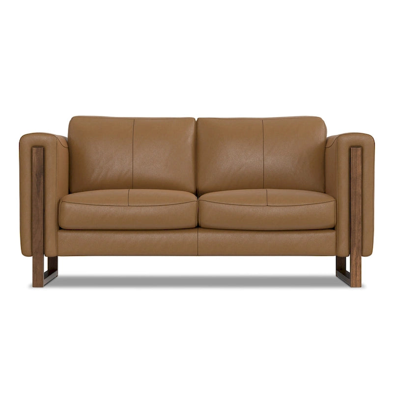 Causeuse en cuir 63 pouces, cuir semi-aniline, cadre en bois massif, style moderne, brun noix de pécan / gris fumée clair, 2 personnes