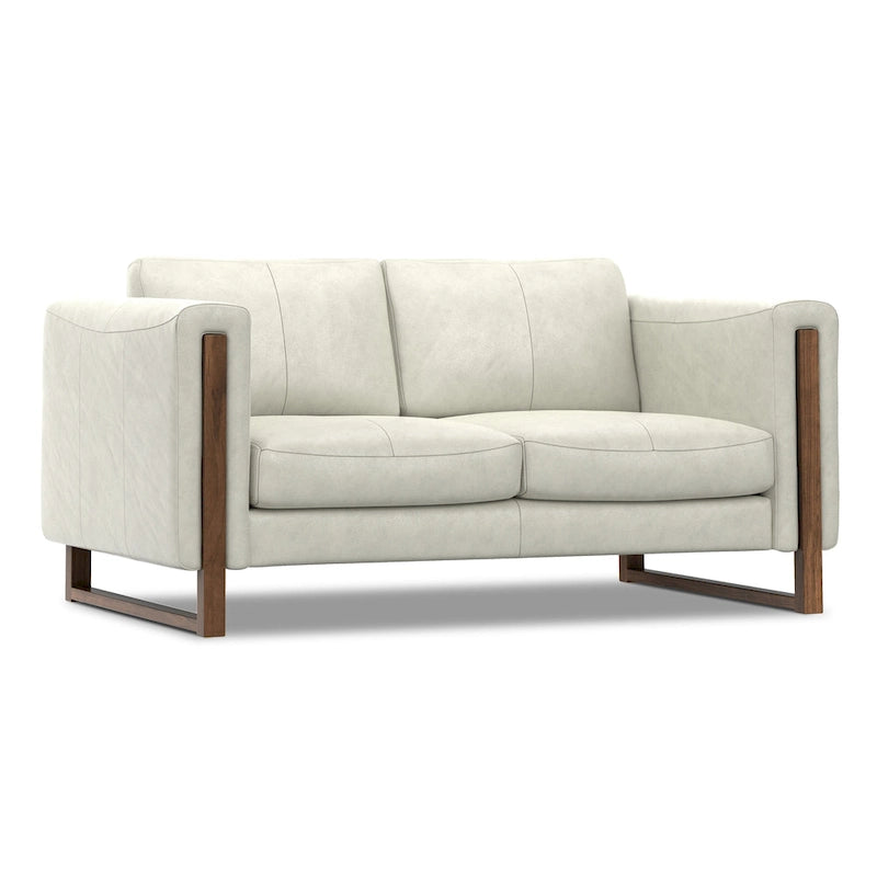Causeuse en cuir 63 pouces, cuir semi-aniline, cadre en bois massif, style moderne, brun noix de pécan / gris fumée clair, 2 personnes