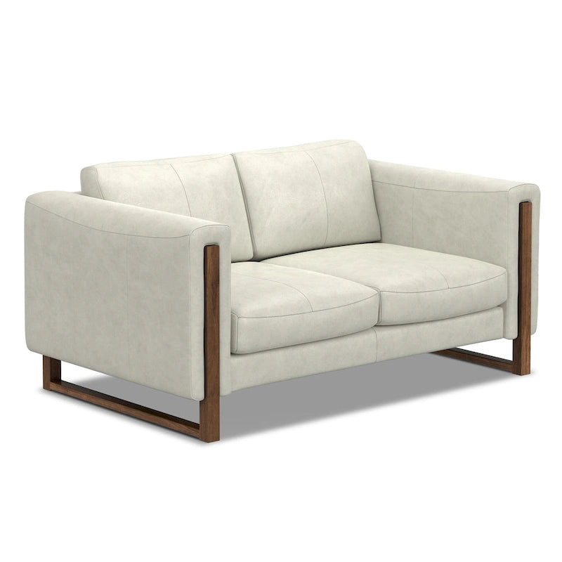 Causeuse en cuir 63 pouces, cuir semi-aniline, cadre en bois massif, style moderne, brun noix de pécan / gris fumée clair, 2 personnes