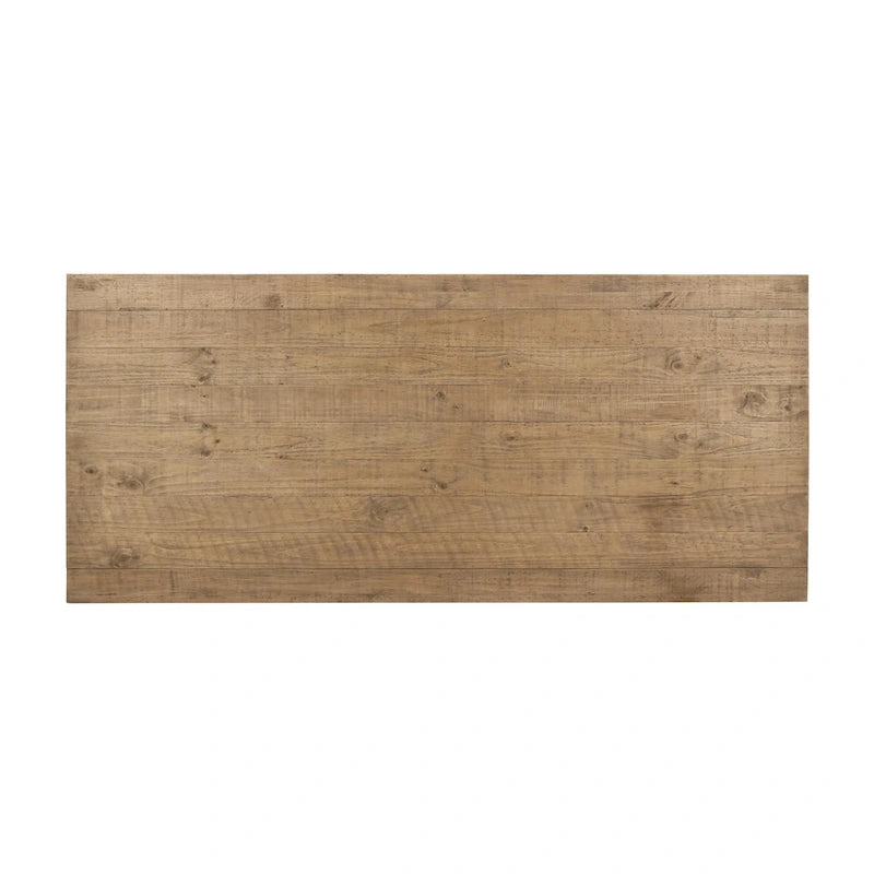 Table à manger 78 po en pin recyclé, plateau en planches, pieds inclinés, style rustique, naturel, 6 places