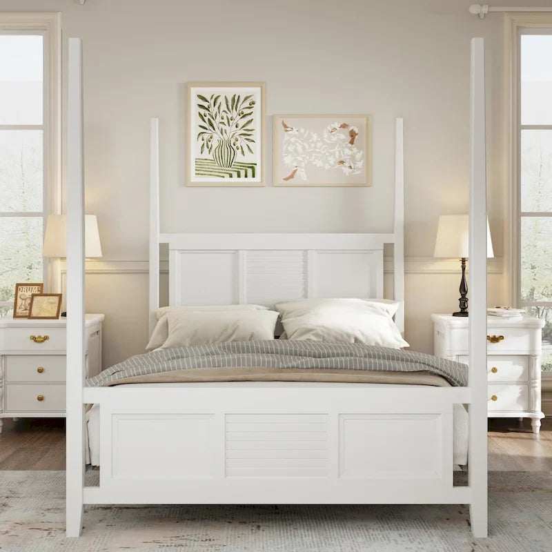 Lit à baldaquin King Size, montants de 190,5 cm de haut, détails de grille horizontale, pin massif, style traditionnel, blanc, 2 personnes