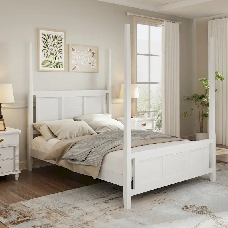 Lit à baldaquin King Size, montants de 190,5 cm de haut, détails de grille horizontale, pin massif, style traditionnel, blanc, 2 personnes