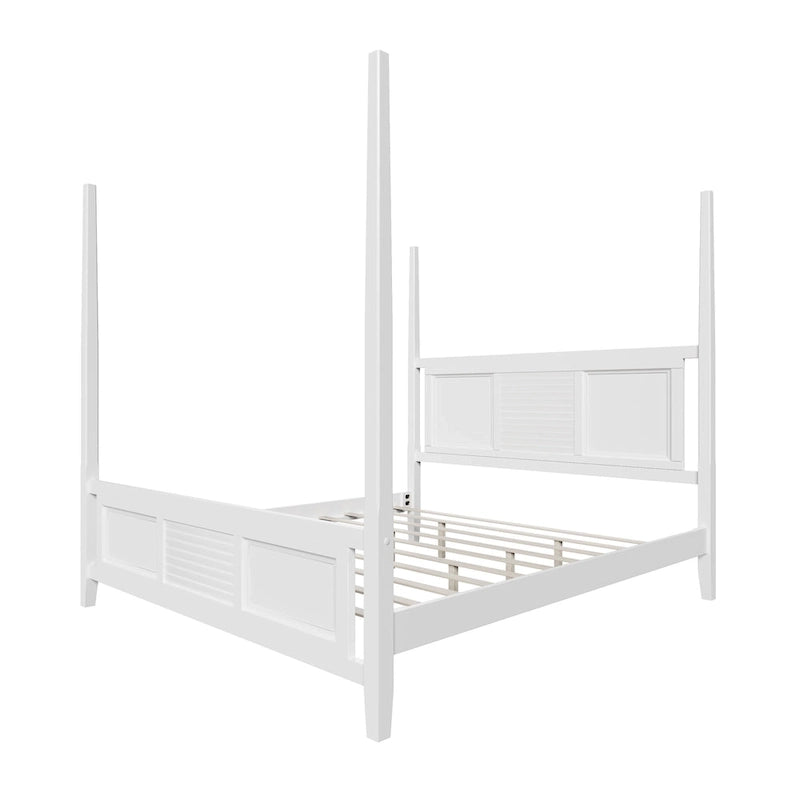 Lit à baldaquin King Size, montants de 190,5 cm de haut, détails de grille horizontale, pin massif, style traditionnel, blanc, 2 personnes