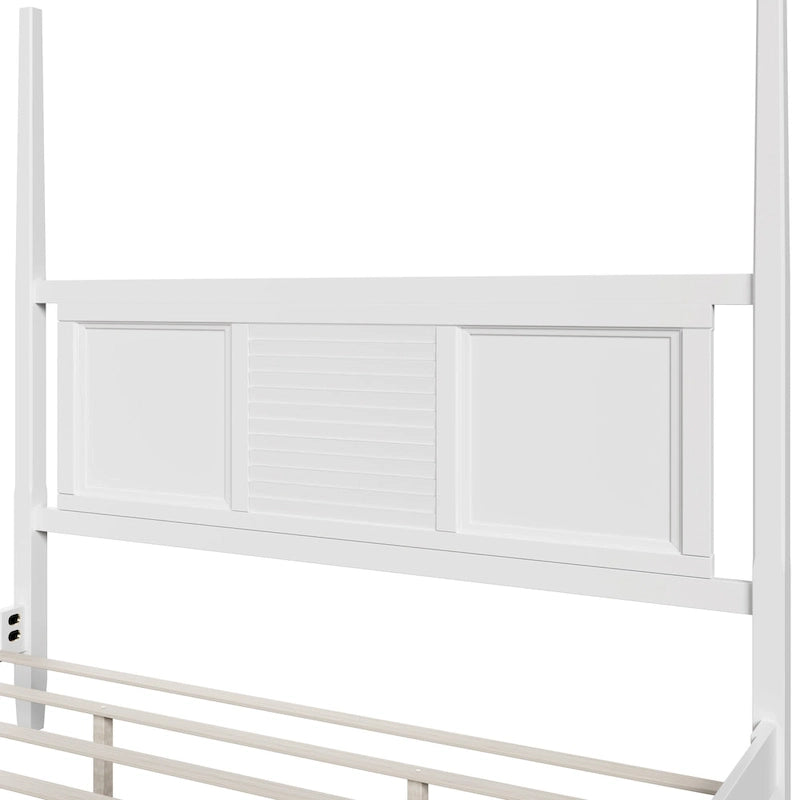 Lit à baldaquin King Size, montants de 190,5 cm de haut, détails de grille horizontale, pin massif, style traditionnel, blanc, 2 personnes