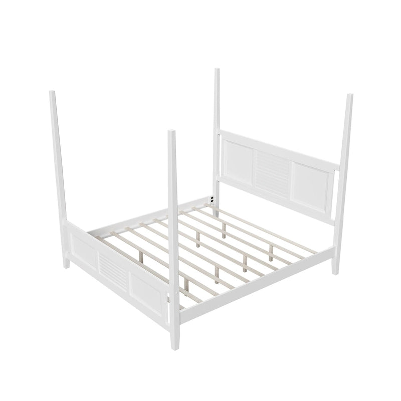 Lit à baldaquin King Size, montants de 190,5 cm de haut, détails de grille horizontale, pin massif, style traditionnel, blanc, 2 personnes