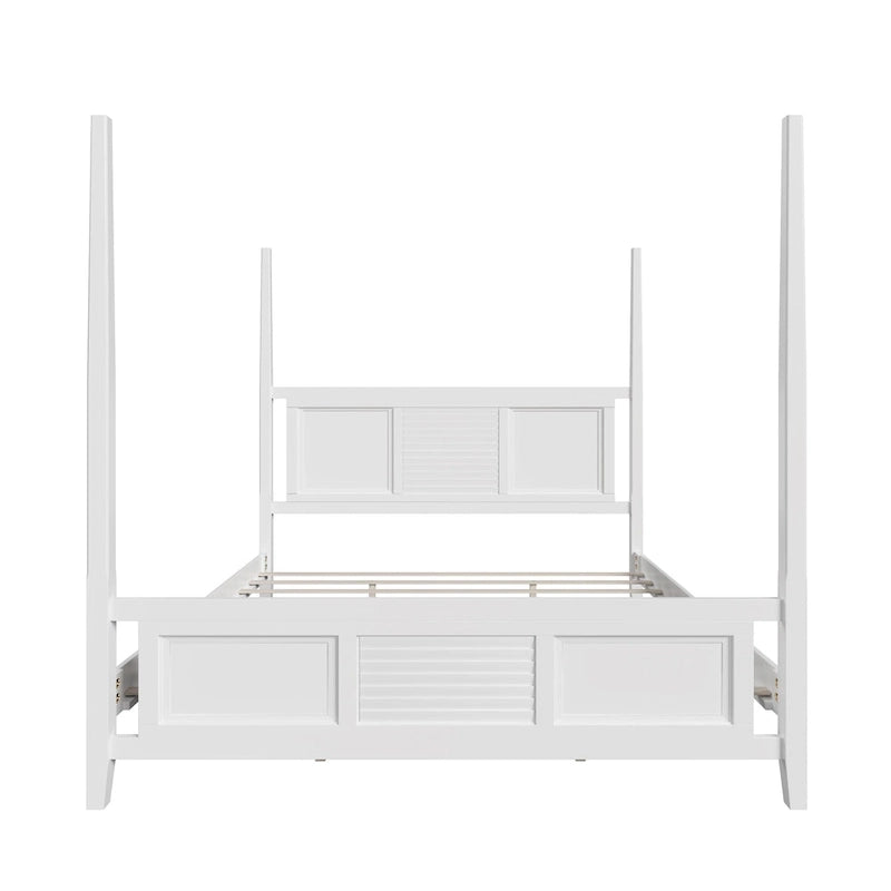 Lit à baldaquin King Size, montants de 190,5 cm de haut, détails de grille horizontale, pin massif, style traditionnel, blanc, 2 personnes