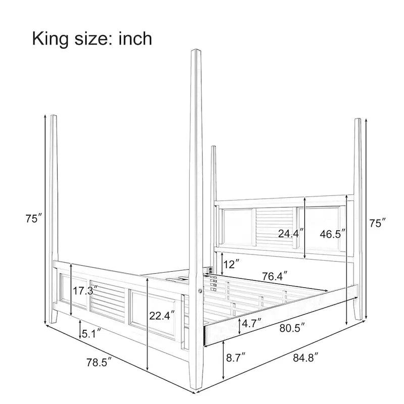 Lit à baldaquin King Size, montants de 190,5 cm de haut, détails de grille horizontale, pin massif, style traditionnel, blanc, 2 personnes