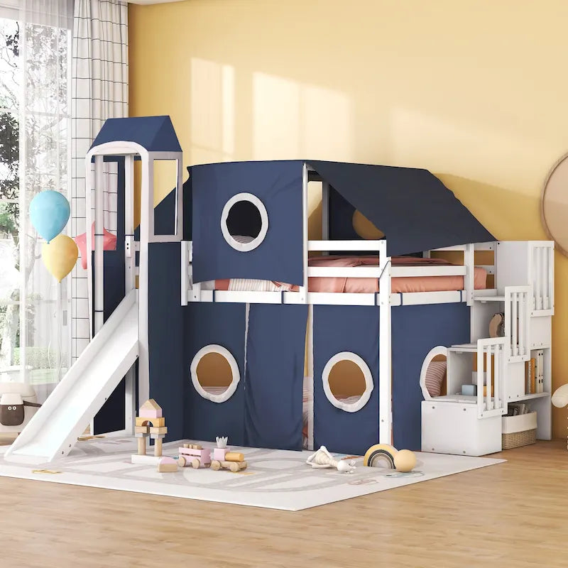 Lit mezzanine château pleine grandeur, design maison de jeu, découpes de fenêtres, pin massif et MDF, style enfantin, bleu / rose, 1 personne