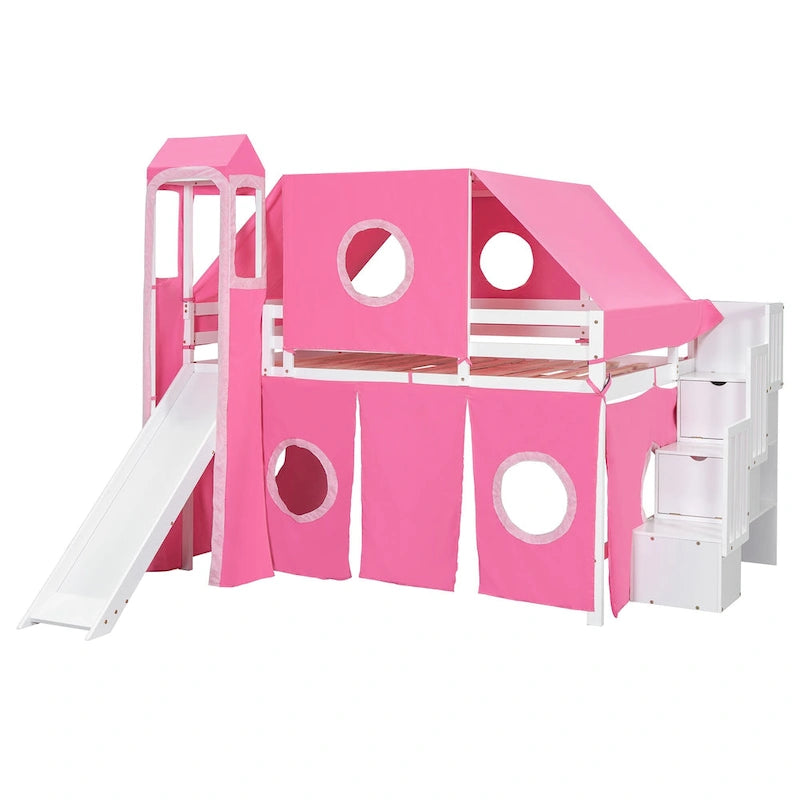 Lit mezzanine château pleine grandeur, design maison de jeu, découpes de fenêtres, pin massif et MDF, style enfantin, bleu / rose, 1 personne