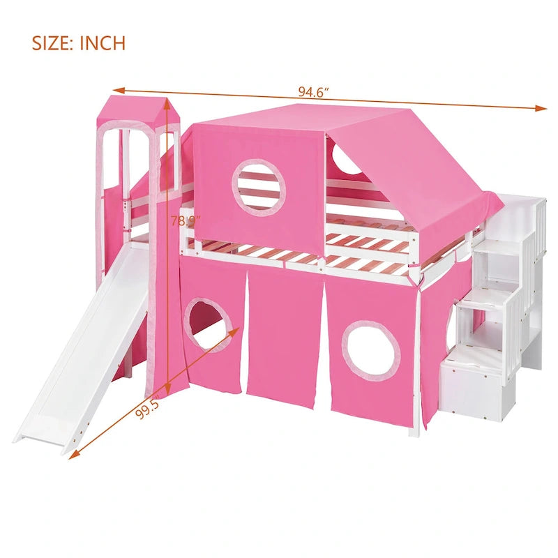 Lit mezzanine château pleine grandeur, design maison de jeu, découpes de fenêtres, pin massif et MDF, style enfantin, bleu / rose, 1 personne