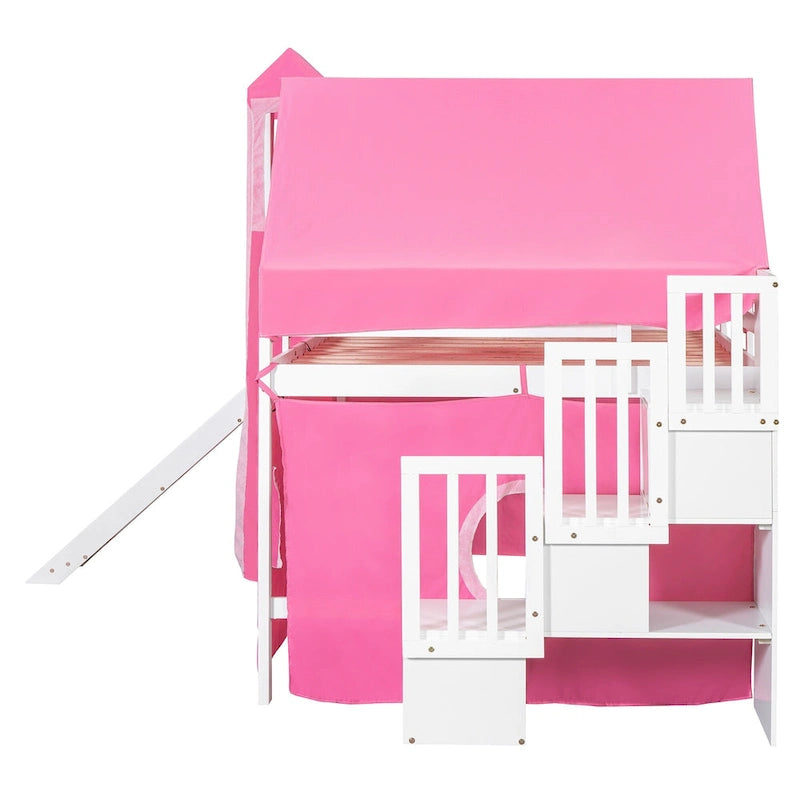 Lit mezzanine château pleine grandeur, design maison de jeu, découpes de fenêtres, pin massif et MDF, style enfantin, bleu / rose, 1 personne