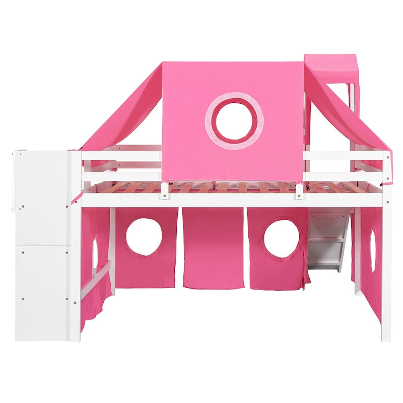 Lit mezzanine château pleine grandeur, design maison de jeu, découpes de fenêtres, pin massif et MDF, style enfantin, bleu / rose, 1 personne