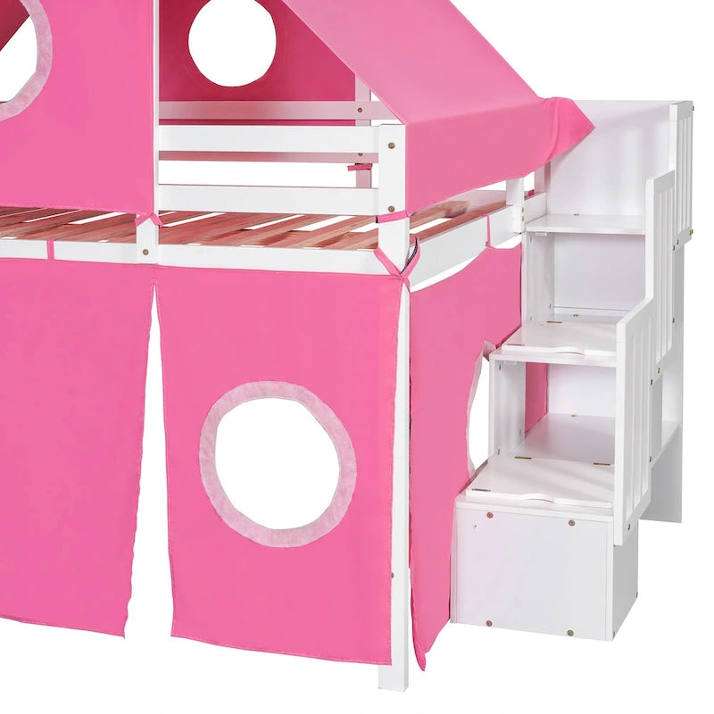 Lit mezzanine château pleine grandeur, design maison de jeu, découpes de fenêtres, pin massif et MDF, style enfantin, bleu / rose, 1 personne