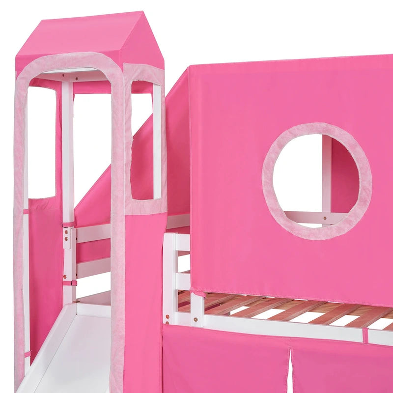Lit mezzanine château pleine grandeur, design maison de jeu, découpes de fenêtres, pin massif et MDF, style enfantin, bleu / rose, 1 personne