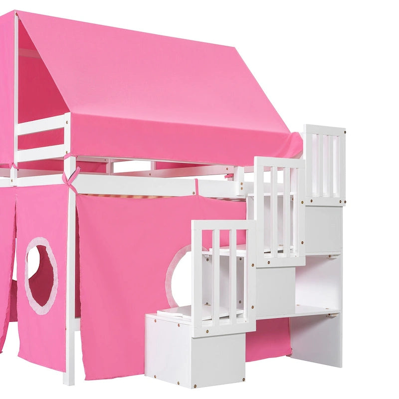 Lit mezzanine château pleine grandeur, design maison de jeu, découpes de fenêtres, pin massif et MDF, style enfantin, bleu / rose, 1 personne