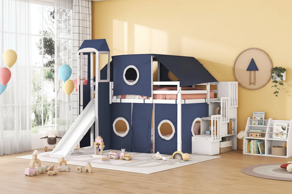 Lit mezzanine château pleine grandeur, design maison de jeu, découpes de fenêtres, pin massif et MDF, style enfantin, bleu / rose, 1 personne