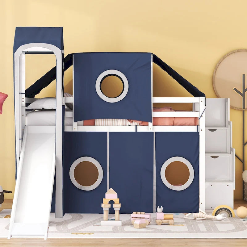 Lit mezzanine château pleine grandeur, design maison de jeu, découpes de fenêtres, pin massif et MDF, style enfantin, bleu / rose, 1 personne