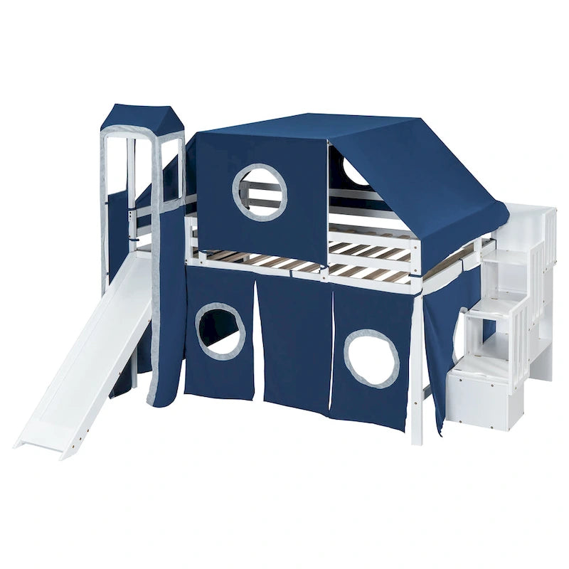 Lit mezzanine château pleine grandeur, design maison de jeu, découpes de fenêtres, pin massif et MDF, style enfantin, bleu / rose, 1 personne