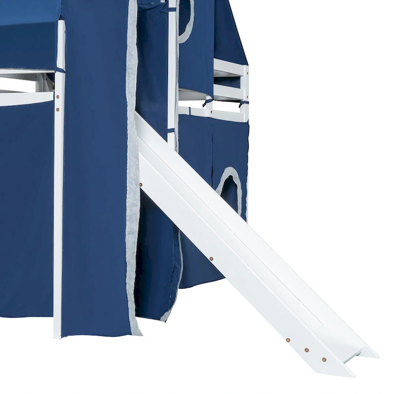 Lit mezzanine château pleine grandeur, design maison de jeu, découpes de fenêtres, pin massif et MDF, style enfantin, bleu / rose, 1 personne