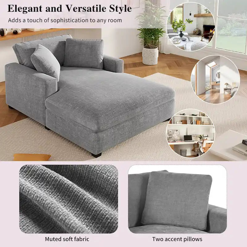 Chaise longue, surdimensionnée, pieds en bois massif, revêtement en tissu, gris, 1-2 personnes
