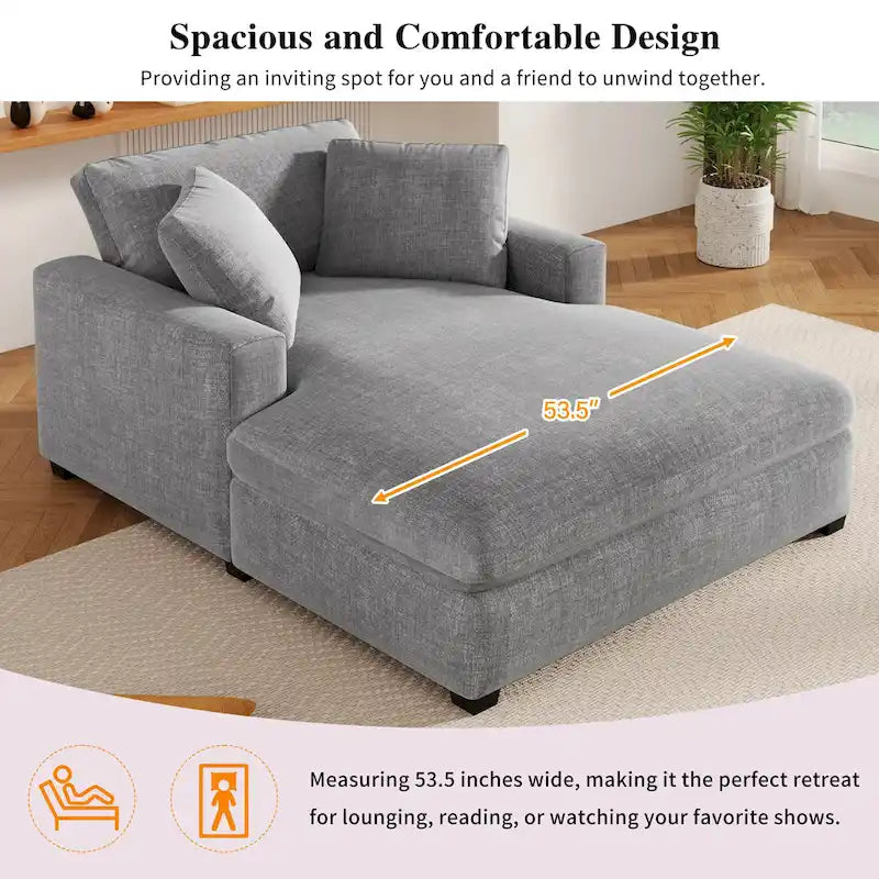 Chaise longue, surdimensionnée, pieds en bois massif, revêtement en tissu, gris, 1-2 personnes