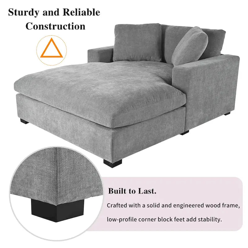 Chaise longue, surdimensionnée, pieds en bois massif, revêtement en tissu, gris, 1-2 personnes
