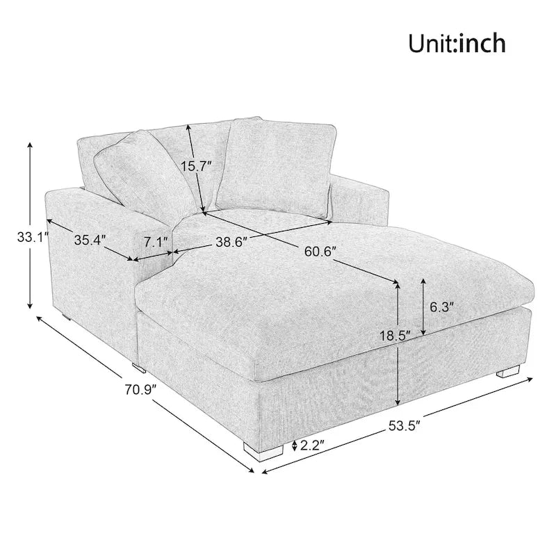 Chaise longue, surdimensionnée, pieds en bois massif, revêtement en tissu, gris, 1-2 personnes