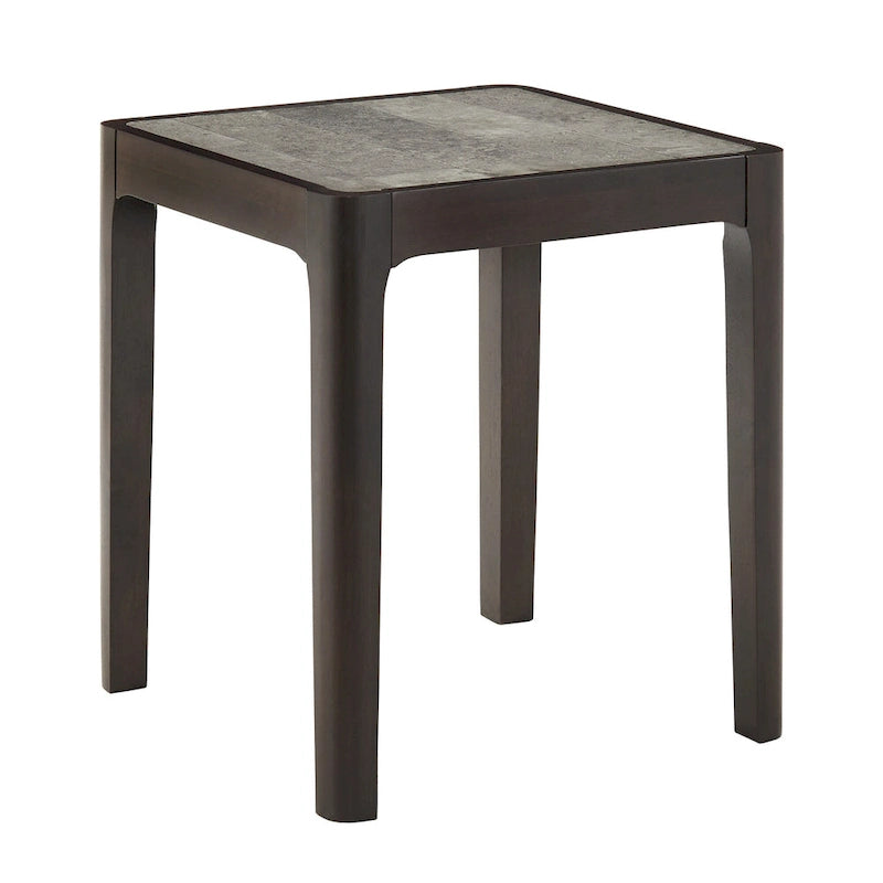 Table d'appoint, plateau aspect marbre, pieds en hévéa, style milieu de siècle, noyer foncé / gris, 1 unité