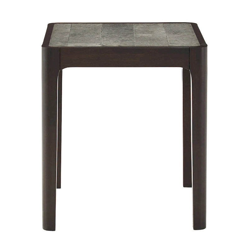 Table d'appoint, plateau aspect marbre, pieds en hévéa, style milieu de siècle, noyer foncé / gris, 1 unité