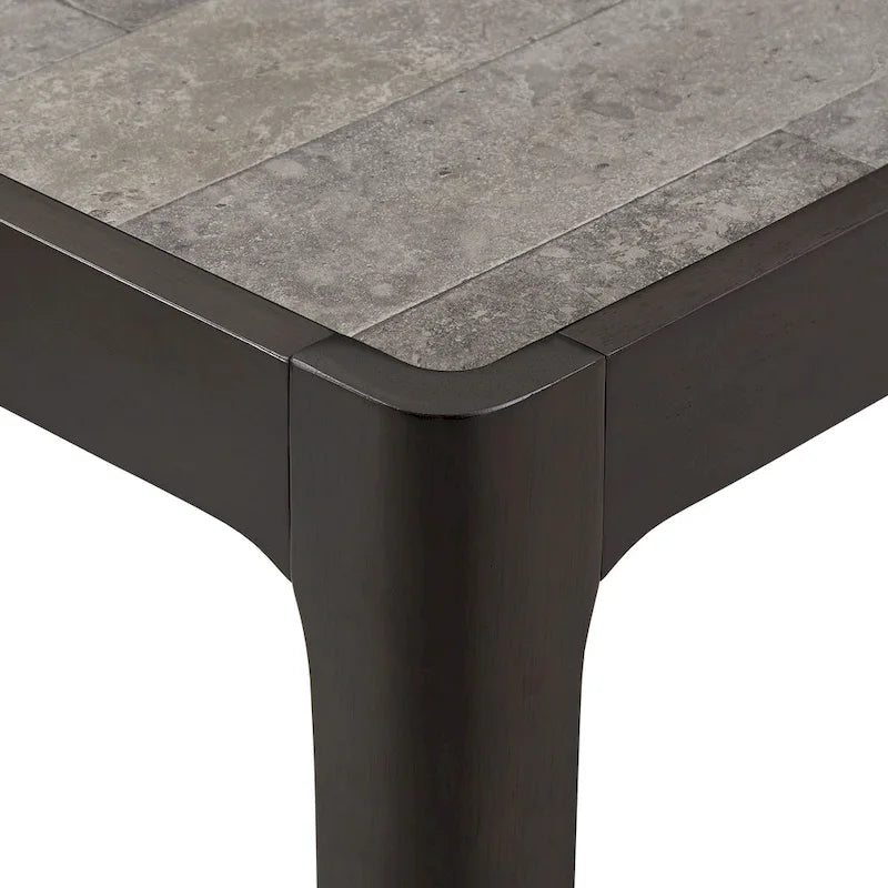 Table d'appoint, plateau aspect marbre, pieds en hévéa, style milieu de siècle, noyer foncé / gris, 1 unité