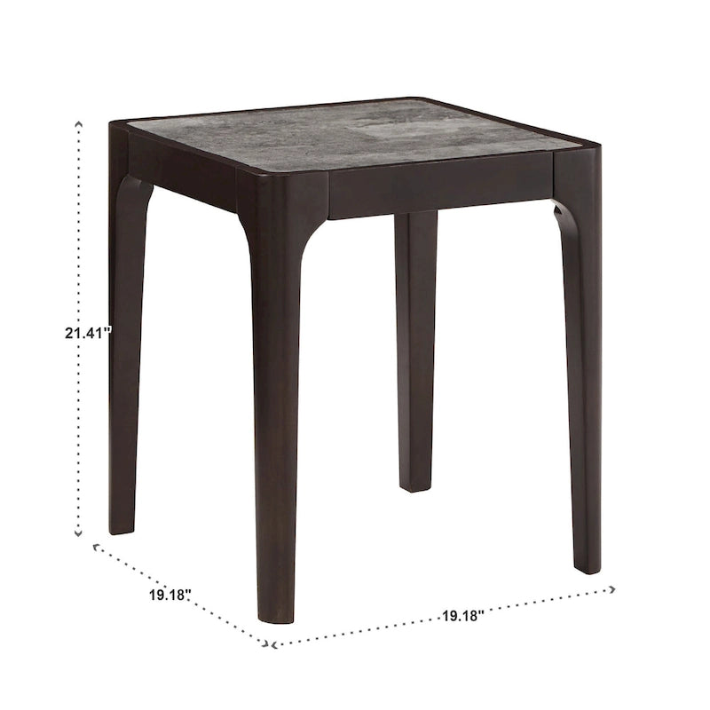 Table d'appoint, plateau aspect marbre, pieds en hévéa, style milieu de siècle, noyer foncé / gris, 1 unité