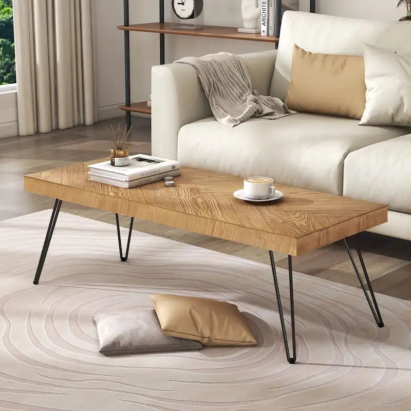 Table basse de 109,9 cm, placage bois de frêne, pieds en métal, style moderne, naturel, 1 unité