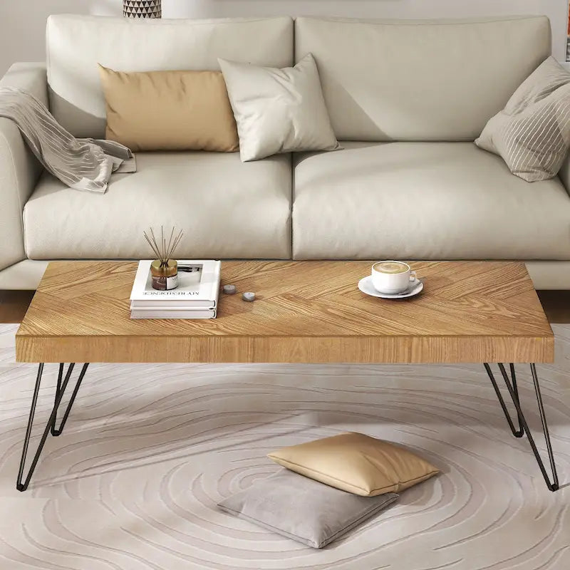 Table basse de 109,9 cm, placage bois de frêne, pieds en métal, style moderne, naturel, 1 unité
