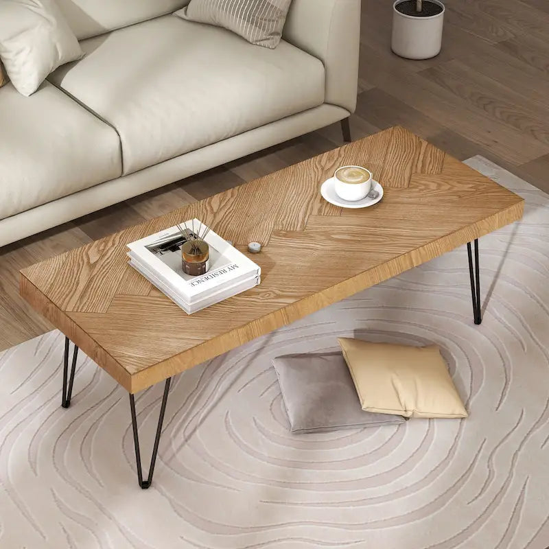Table basse de 109,9 cm, placage bois de frêne, pieds en métal, style moderne, naturel, 1 unité