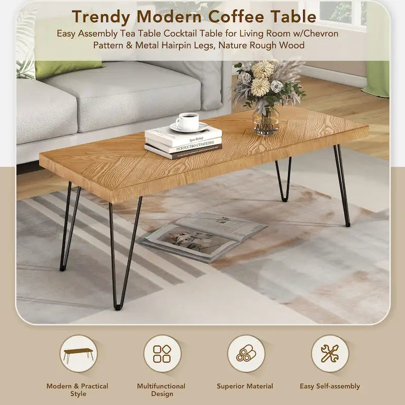Table basse de 109,9 cm, placage bois de frêne, pieds en métal, style moderne, naturel, 1 unité