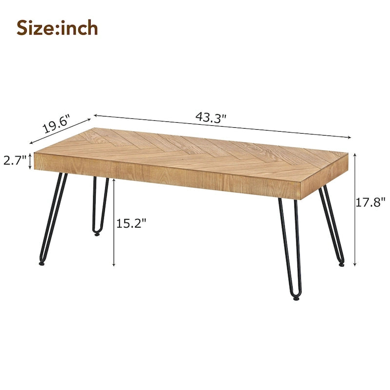 Table basse de 109,9 cm, placage bois de frêne, pieds en métal, style moderne, naturel, 1 unité