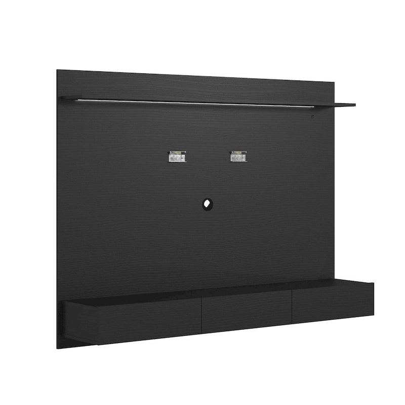 Meuble TV mural de 180 cm, panneau flottant, 3 tiroirs, éclairage LED, blanc / noir / naturel, 1 unité