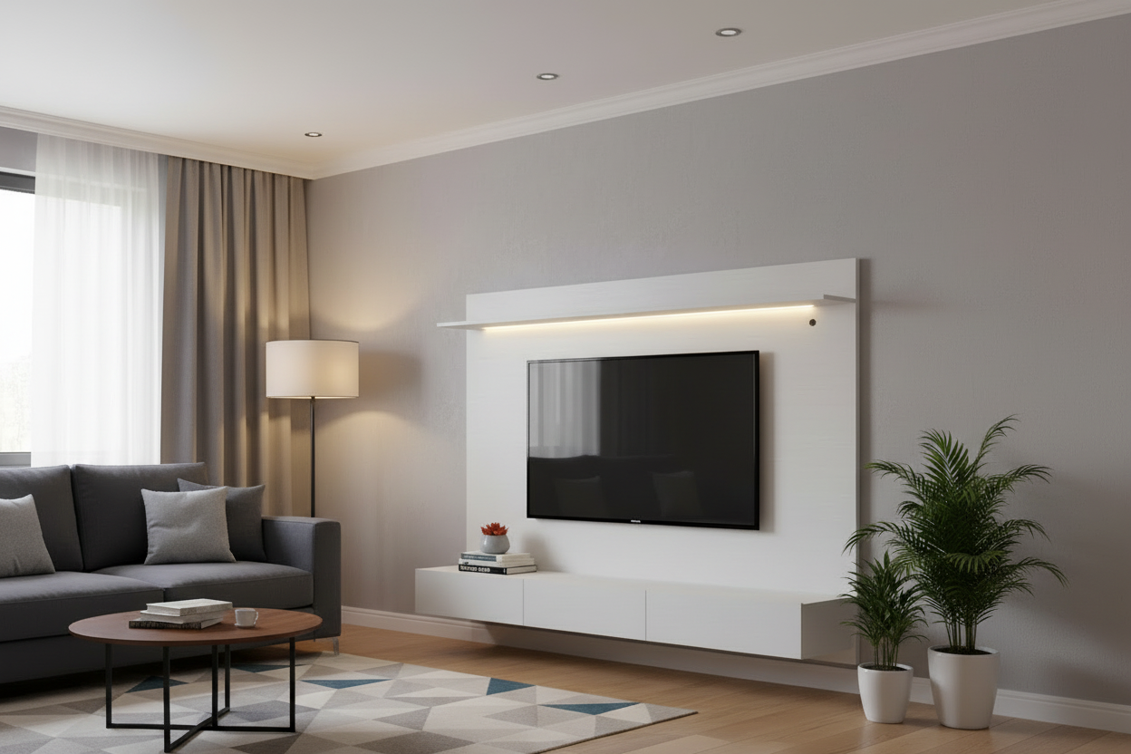 Meuble TV mural de 180 cm, panneau flottant, 3 tiroirs, éclairage LED, blanc / noir / naturel, 1 unité