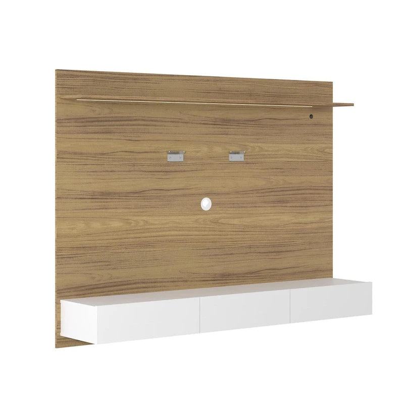 Meuble TV mural de 180 cm, panneau flottant, 3 tiroirs, éclairage LED, blanc / noir / naturel, 1 unité