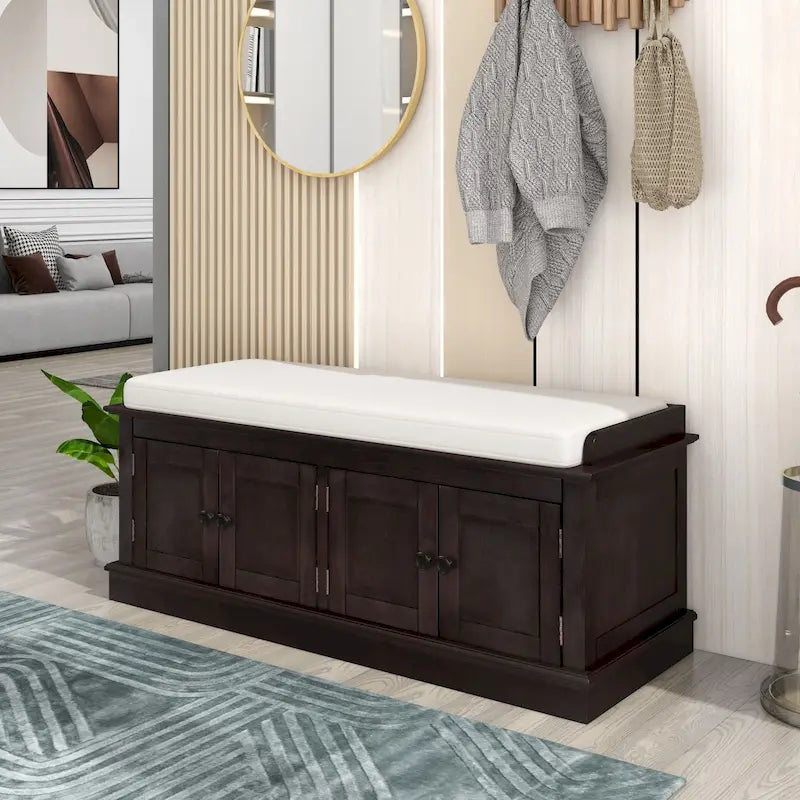 Banc de rangement, 4 portes magnétiques, étagères réglables, coussin en lin, style classique, blanc/espresso/bleu marine antique/gris délavé, 1 unité