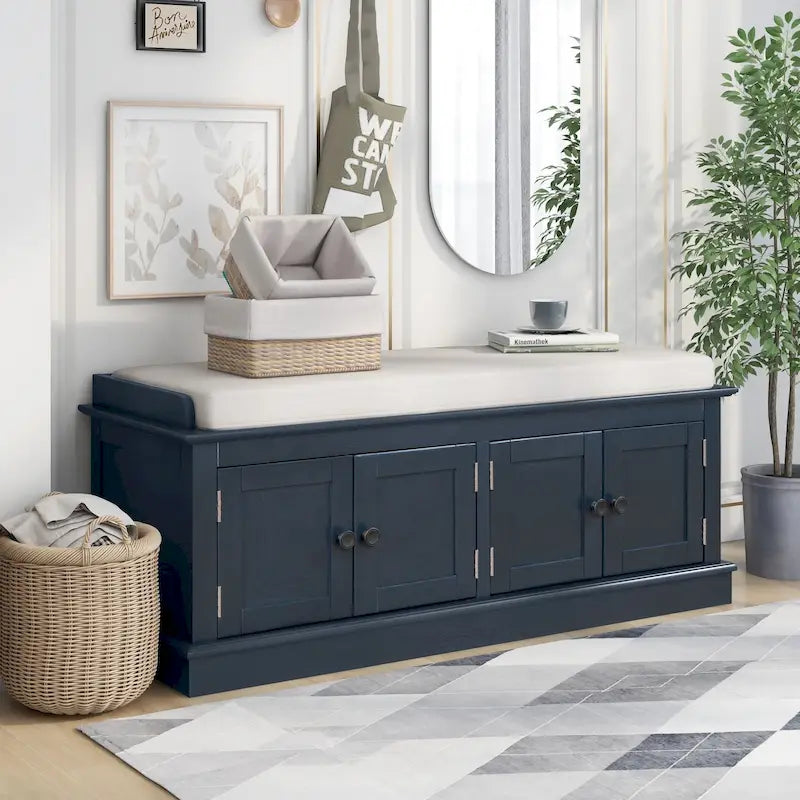 Banc de rangement, 4 portes magnétiques, étagères réglables, coussin en lin, style classique, blanc/espresso/bleu marine antique/gris délavé, 1 unité